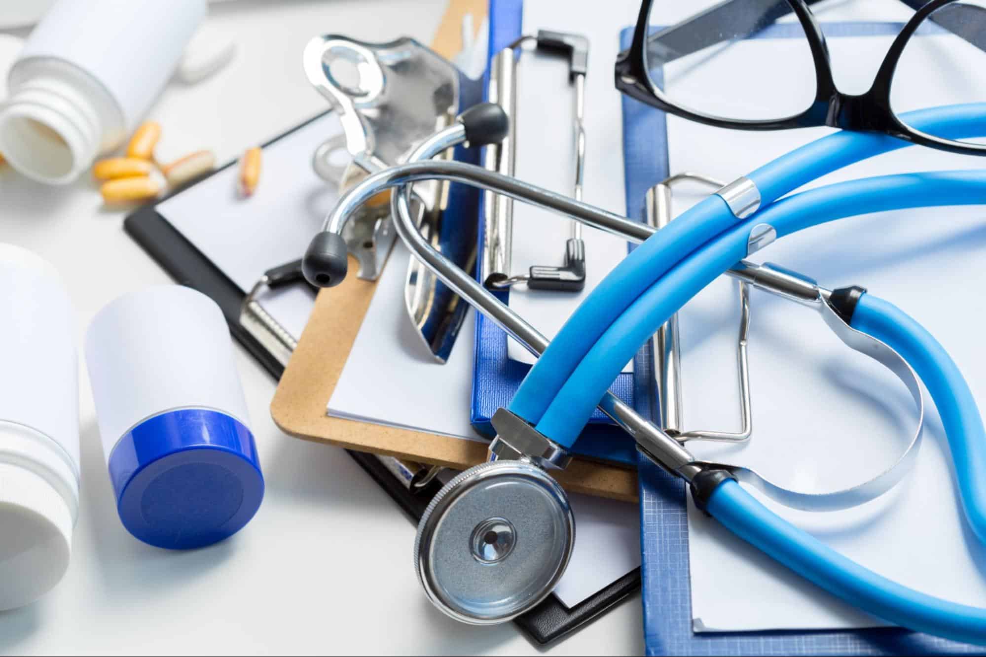 Medical tools and clipboard