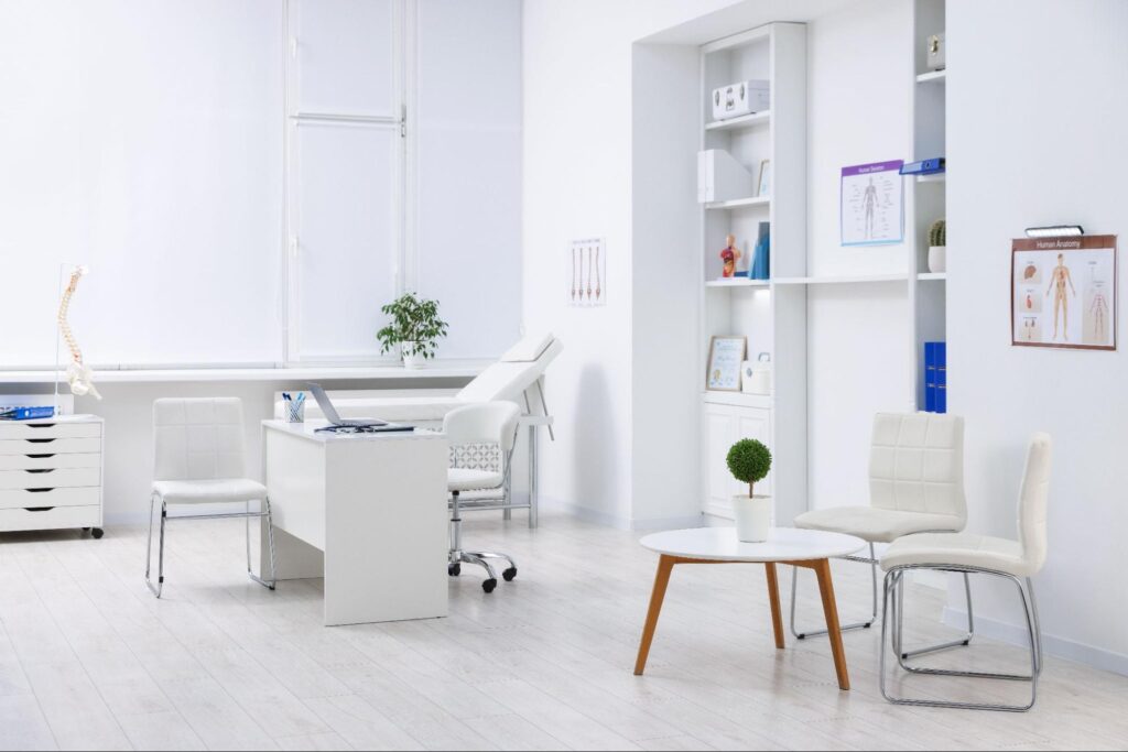 Clean, modern clinic with desk and chairs, representing after hours clinic near me Weslaco for convenient patient care