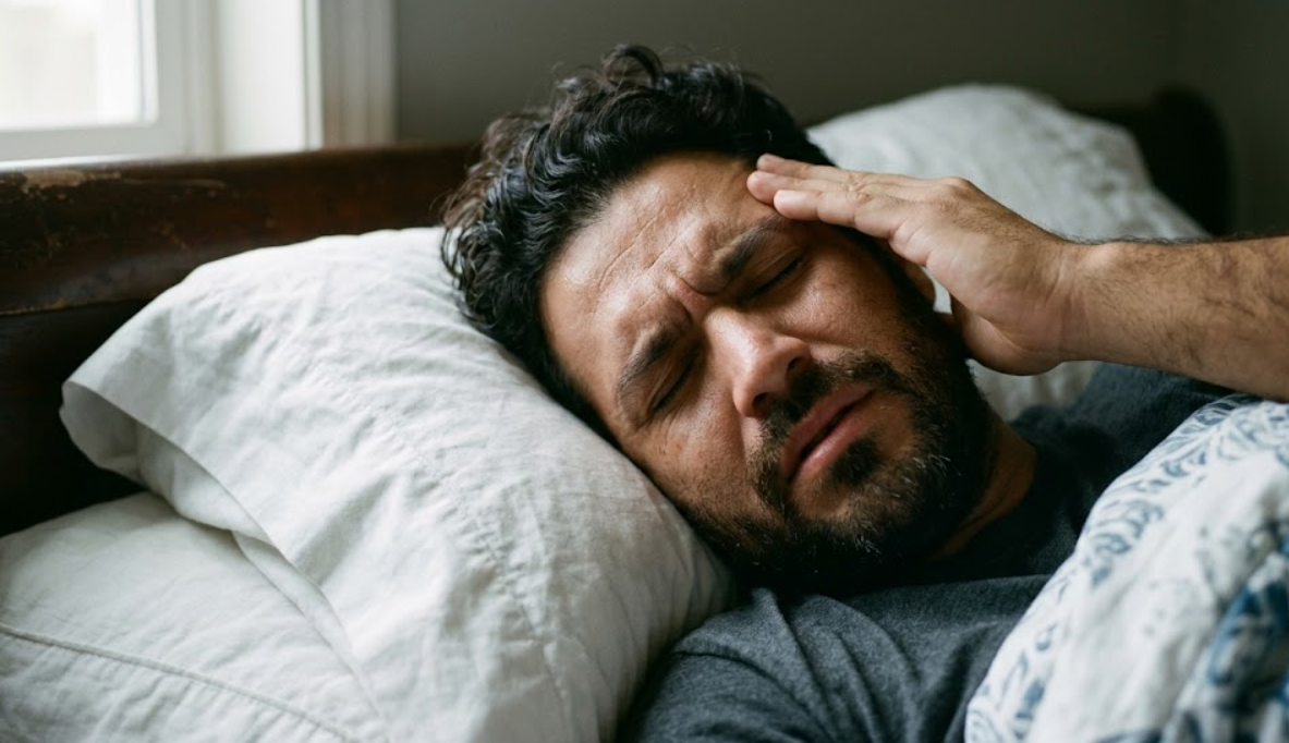 Man holding head in pain while lying down needing a clinic open late near me Weslaco