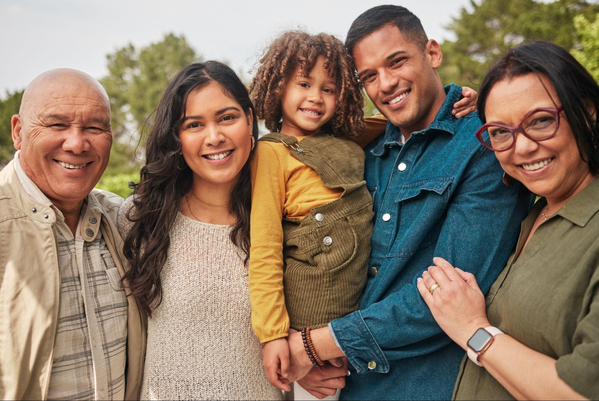Multigenerational family smiling outdoors representing care from an evening clinic Weslaco TX