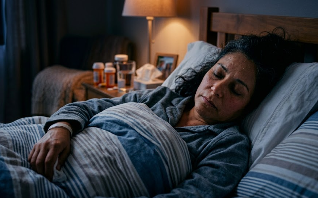 Sick woman resting in bed with medication beside her