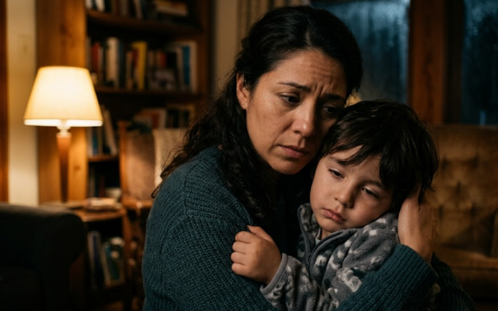 Worried mother holding sick child at home, representing care from a late night clinic Weslaco TX