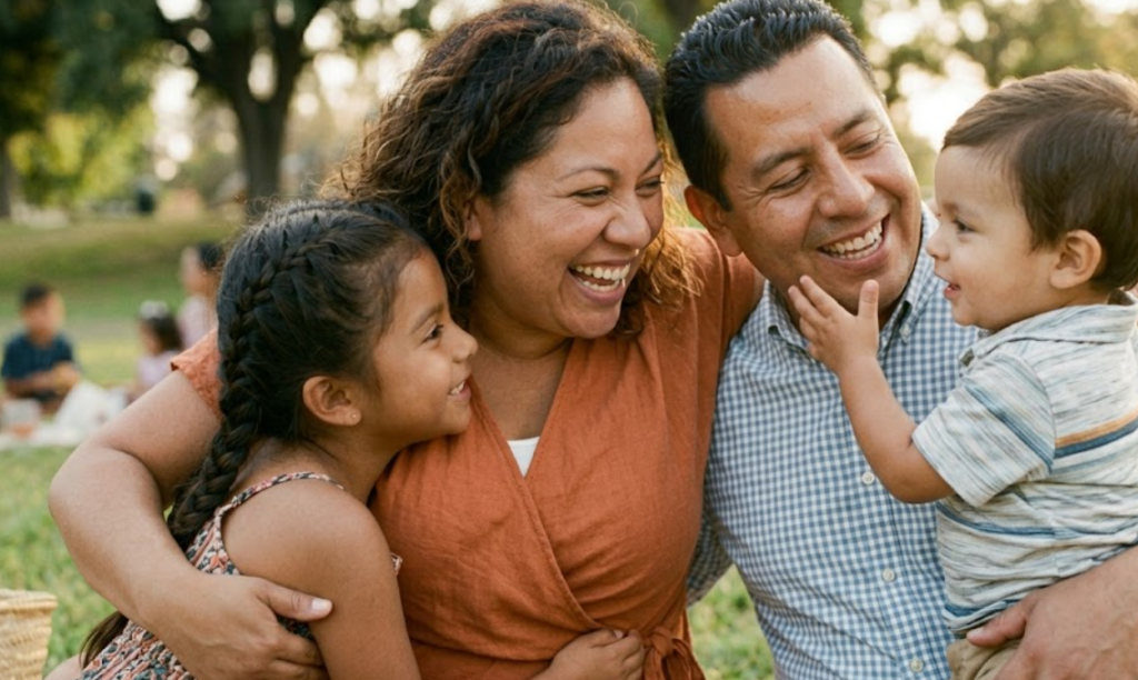 Alt text: Happy family smiling together in the park, representing the benefits of a physical exam in Weslaco TX for long-term family wellness.