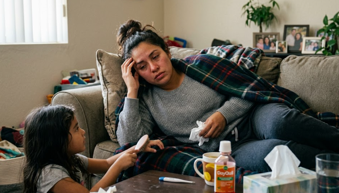 sick woman in need of visit to primary care provider