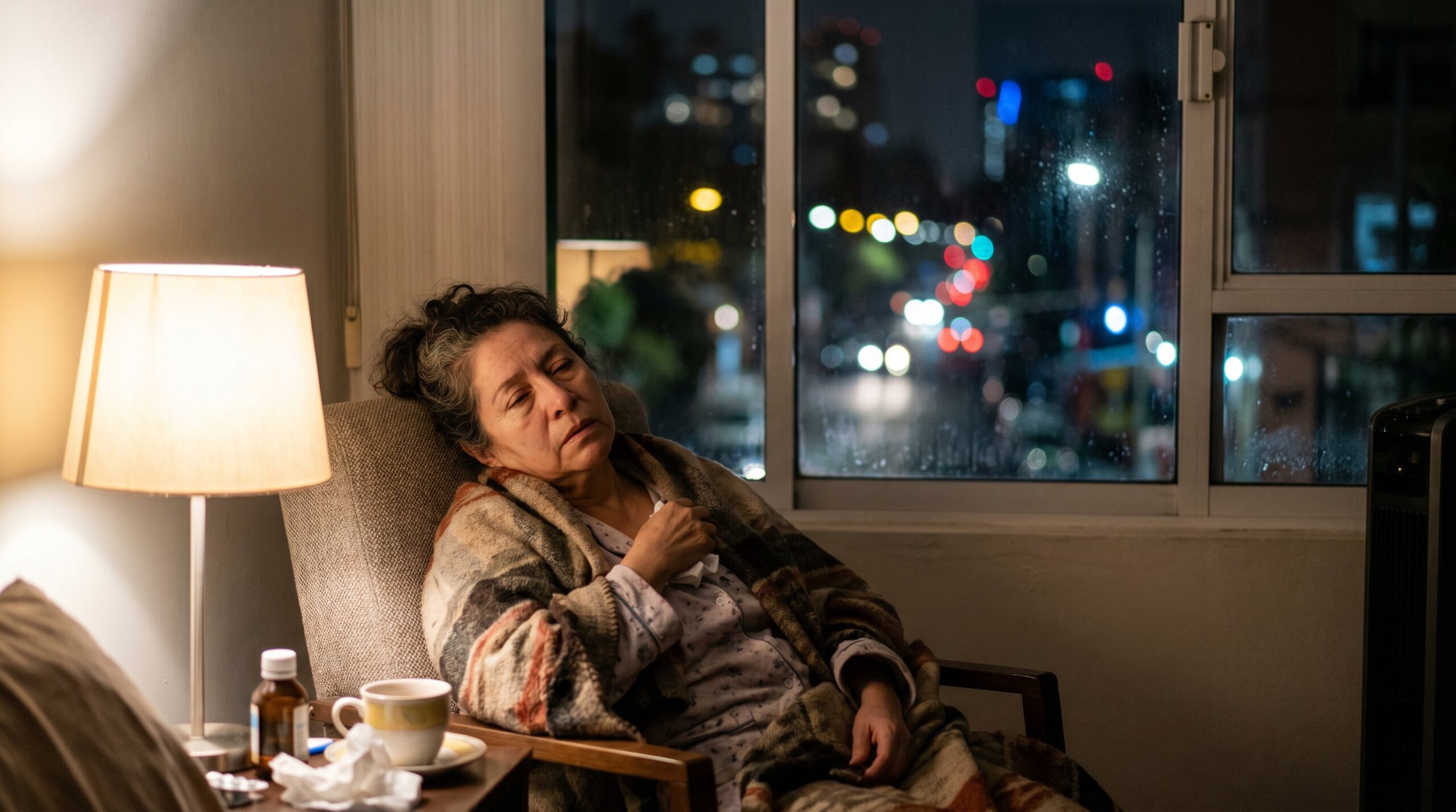 sick woman next to window