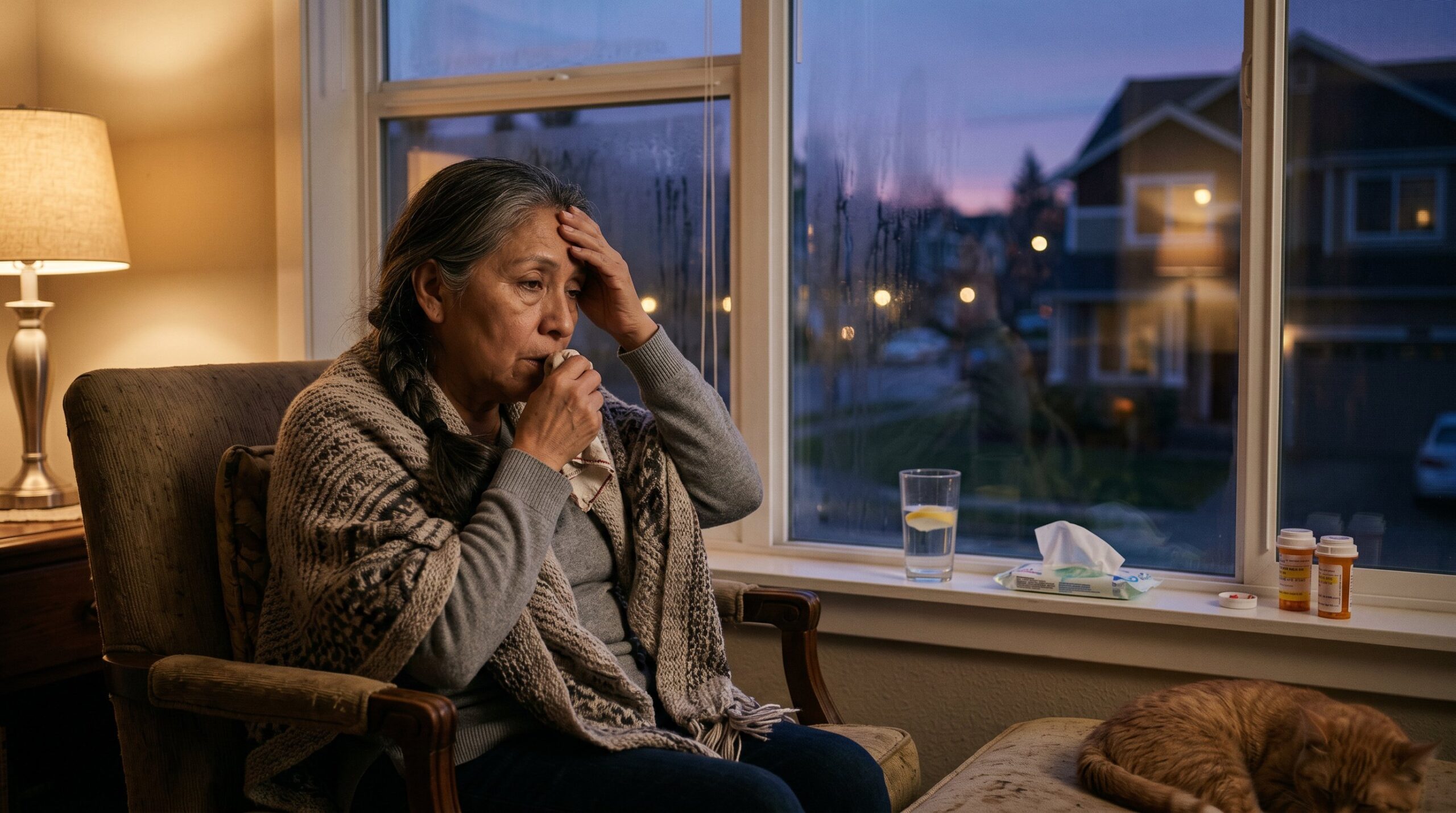 sick woman in need of an after-hours clinic