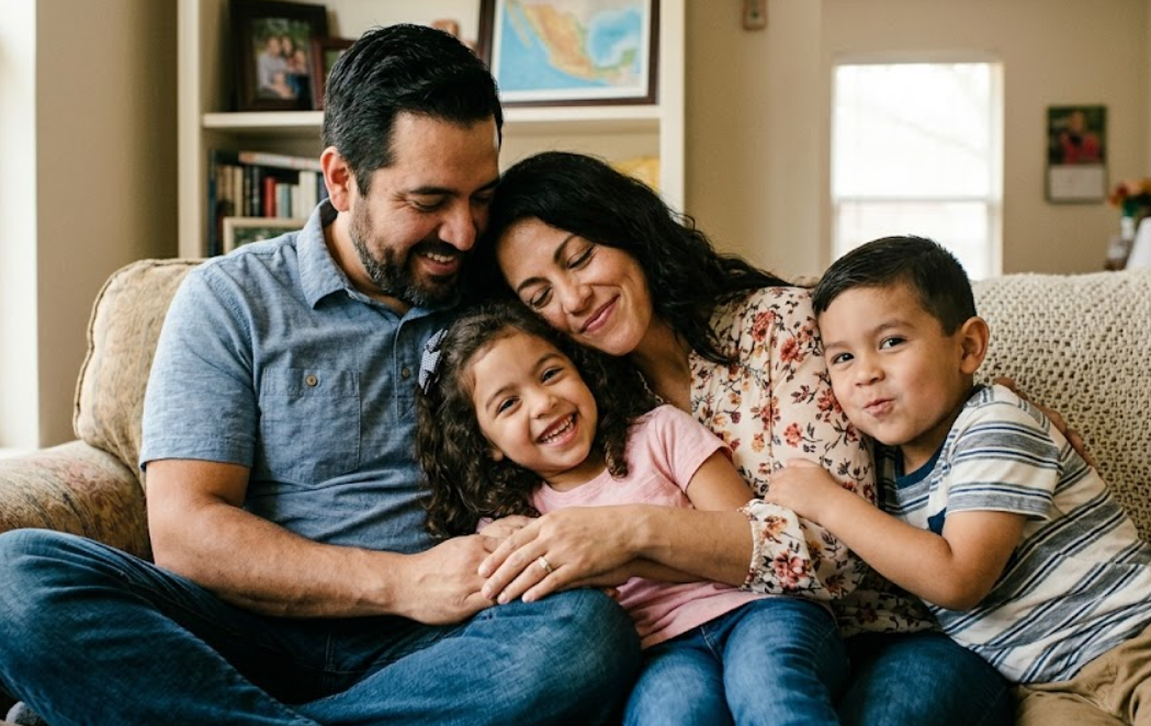 family in a living room, representing the importance of healthcare and physicals