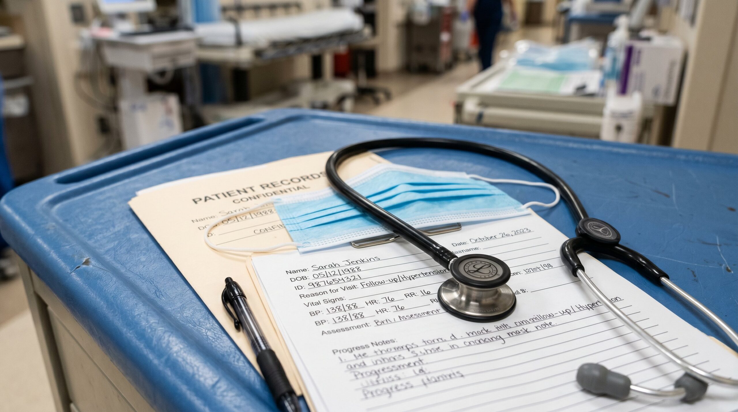 stethoscope, face mask, patient records at a Weslaco primary care clinic