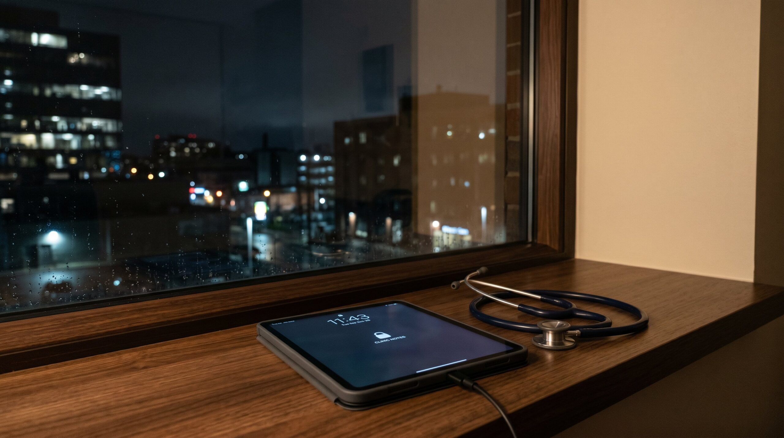 tablet and stethoscope next to window