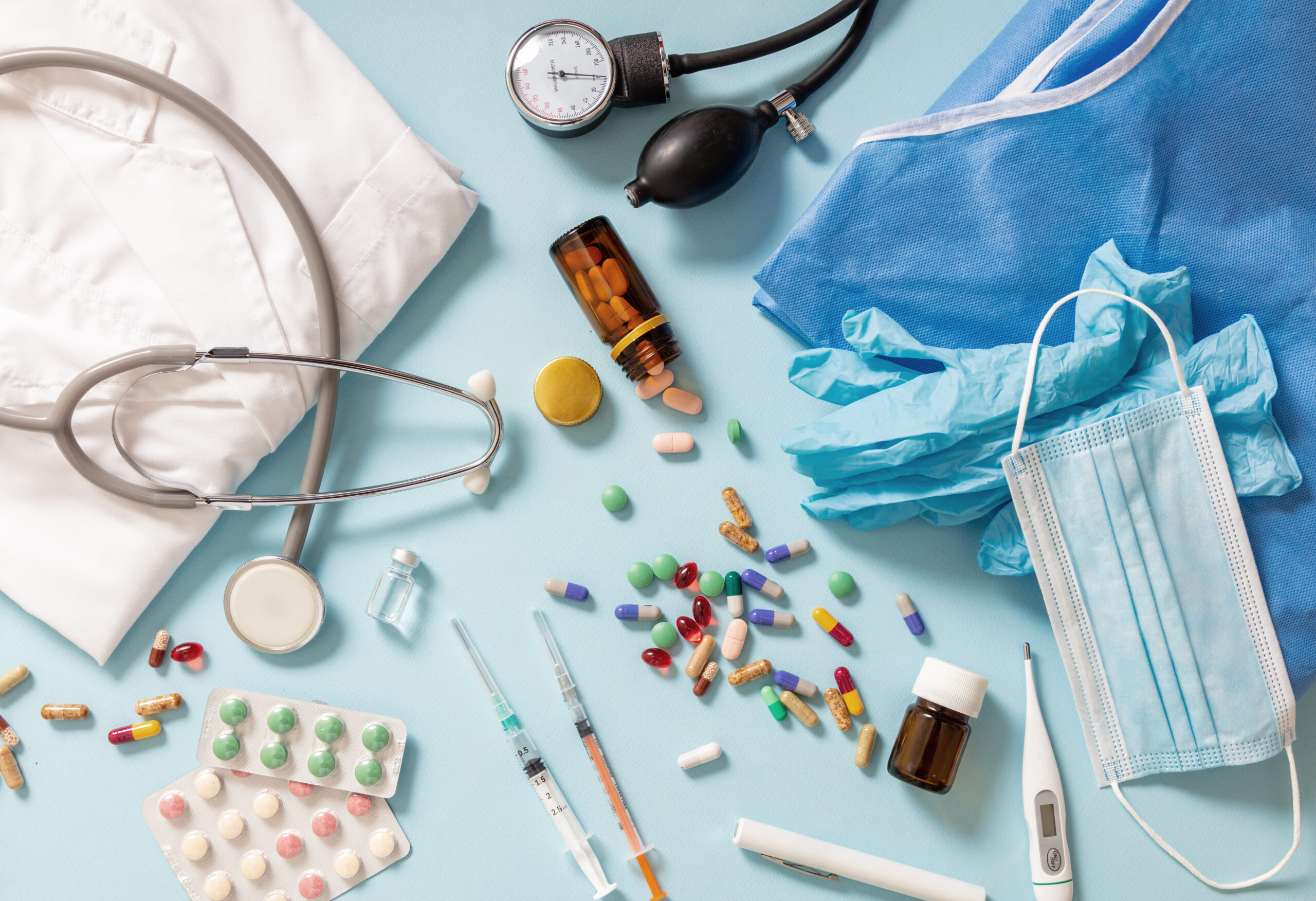 medical supplies on a blue surface